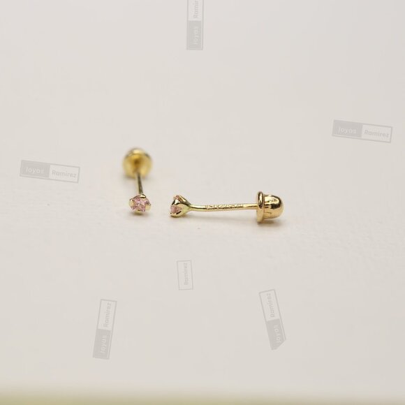 14K Solid Gold Pink CZ Stud Earrings • 2 mm Delicate Gift For Girls & Teens. - Picture 3 of 7